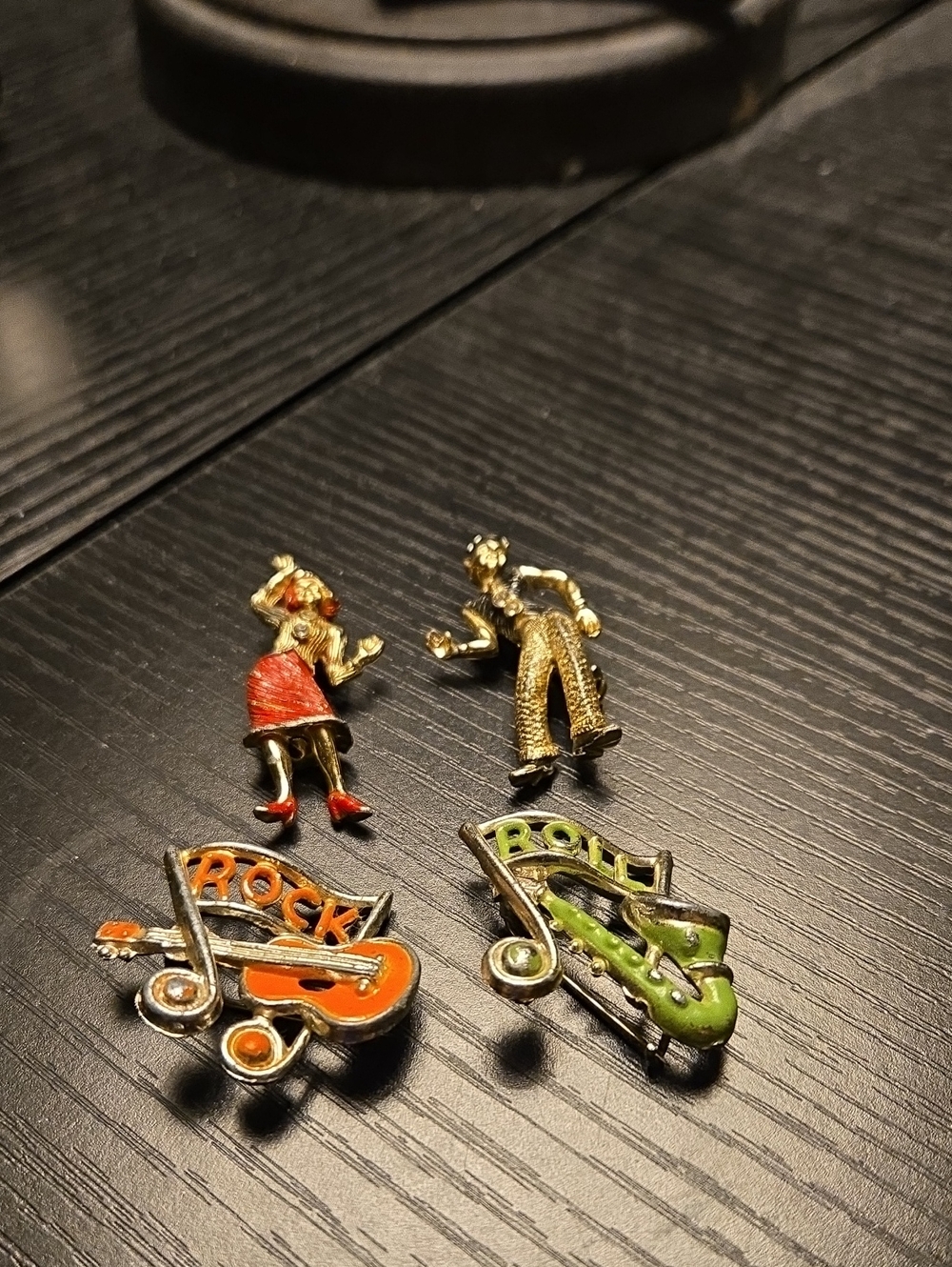 Rock & Roll Enamel Brooches Red and Green